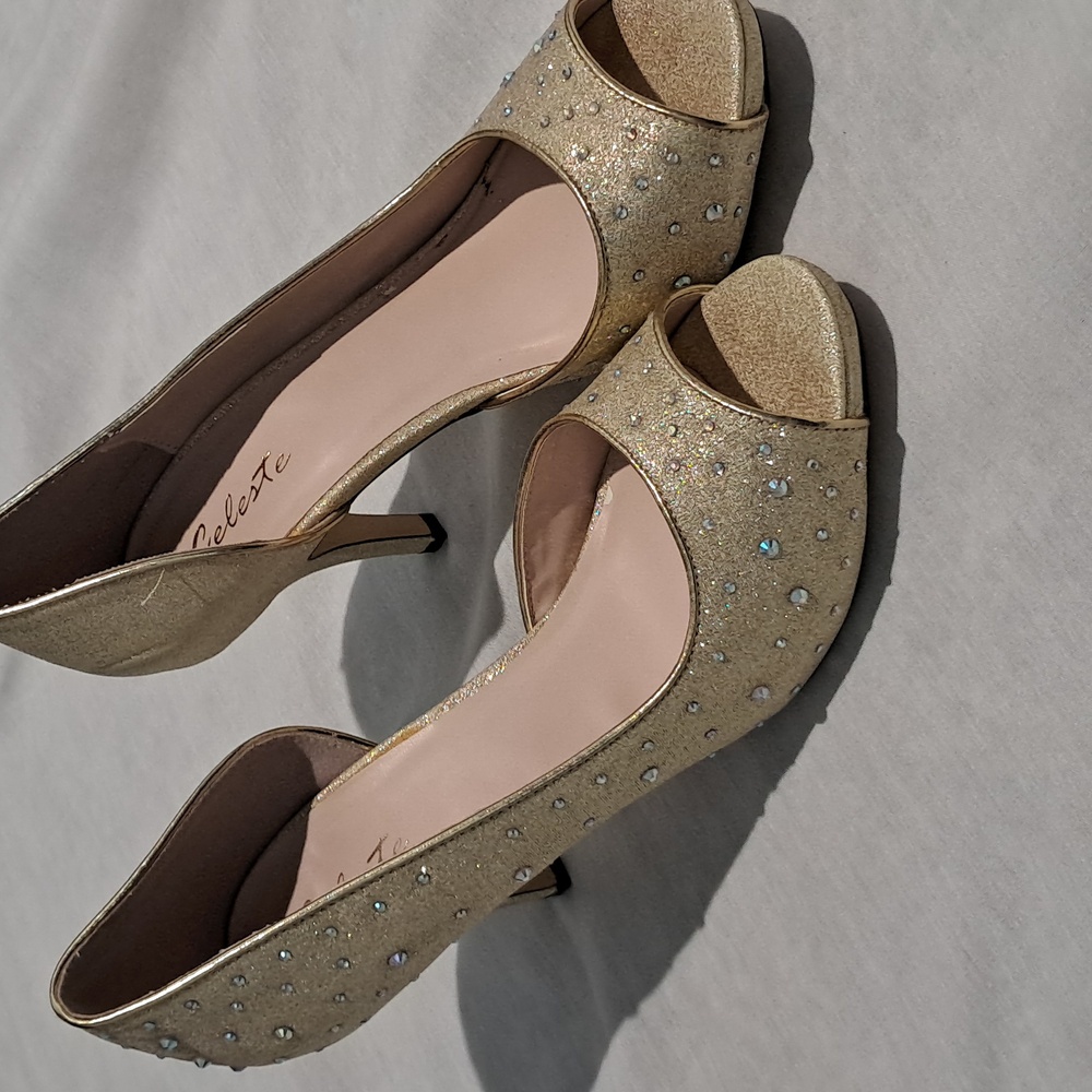 Celeste Gold Glitter Open-Toe Heels with Rhinestone Accents